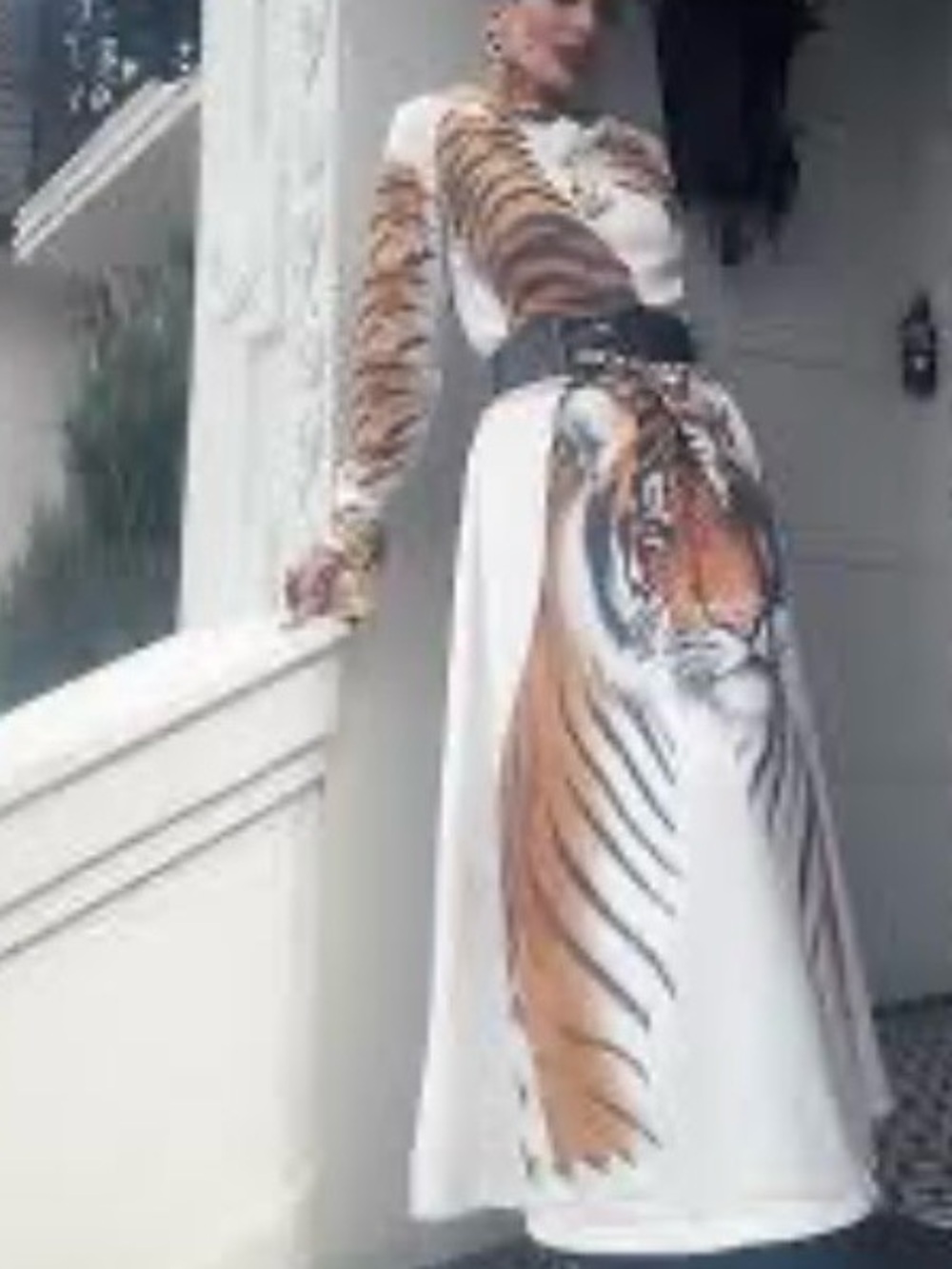 White Tiger-Print Long Sleeve Hooded Maxi Dress